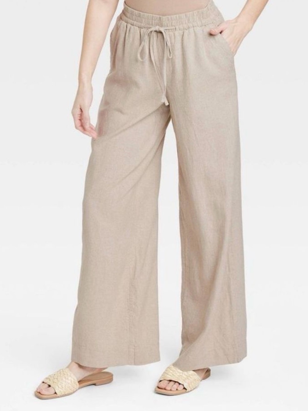 Wide Leg Drawstring Linen-Blend Pants in Taupe - A New Day (Target)